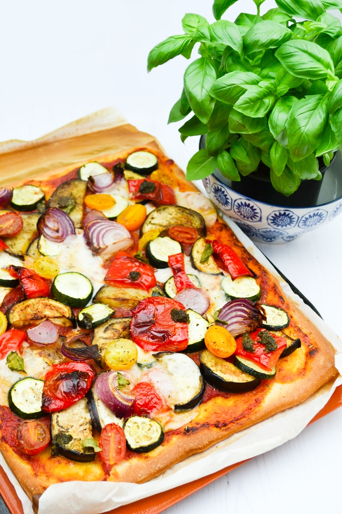 Vegan Roast Vegetable, Pesto and Cream Cheese Pizza Recipe - Tinned Tomatoes