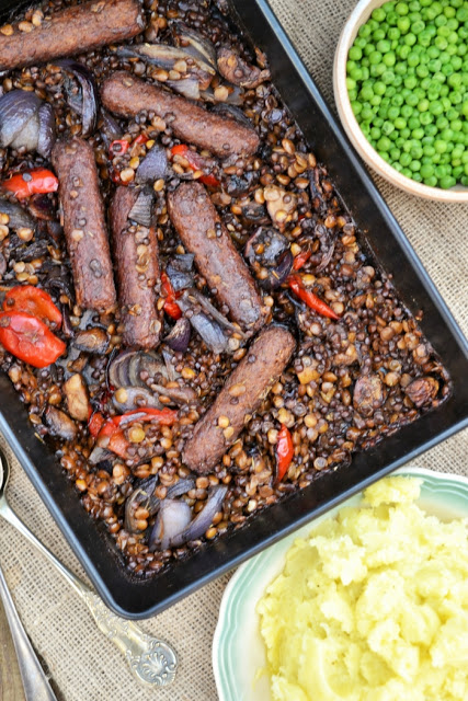 Veggie Sausage, Lentil and Red Pepper Bake - Tinned Tomatoes