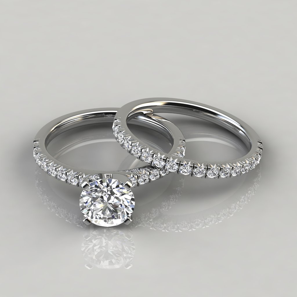 French Pave Cut Moissanite Engagement Ring and Wedding Band Set | Forever Moissanite